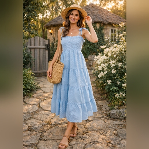 Joe Fresh Dresses & Skirts - Light Blue Smocked 100% Cotton Midi Dress Tie Strap Swiss Dot Cottagecore Boho